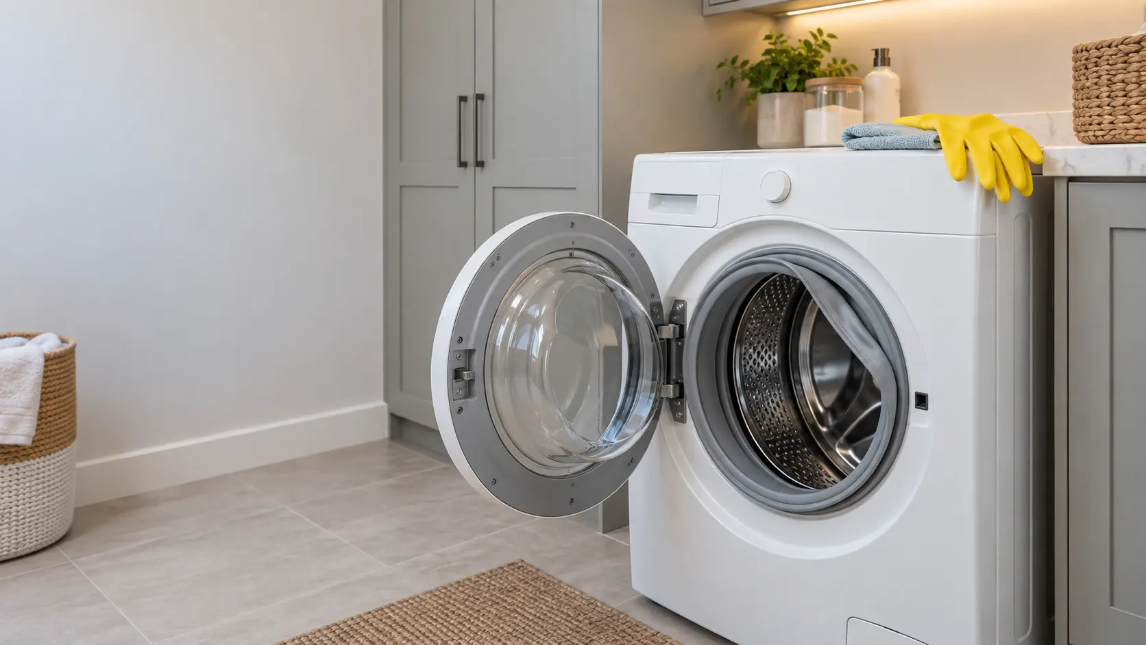 A front-load washer in a bright US home laundry room with its round door propped open and the gray rubber door seal folded back, a folded cloth and a pair of rubber gloves on top of the machine.