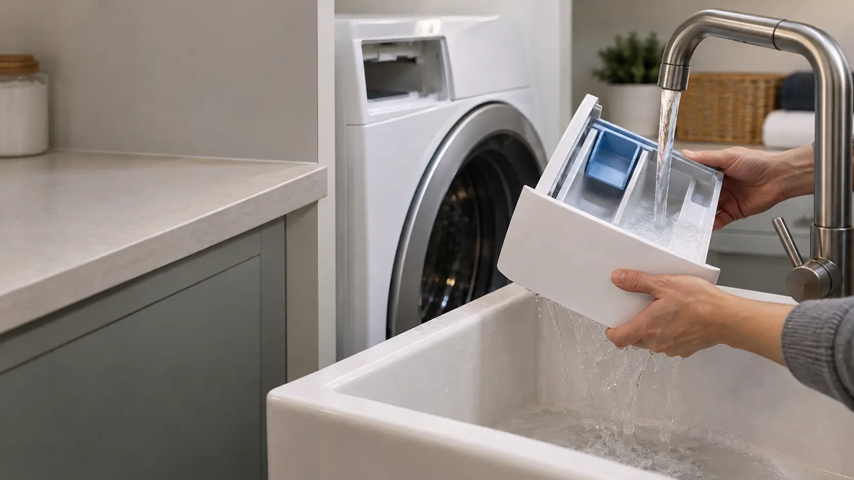 Close on a front-load washer's detergent drawer pulled out and rinsed under a utility-sink faucet.