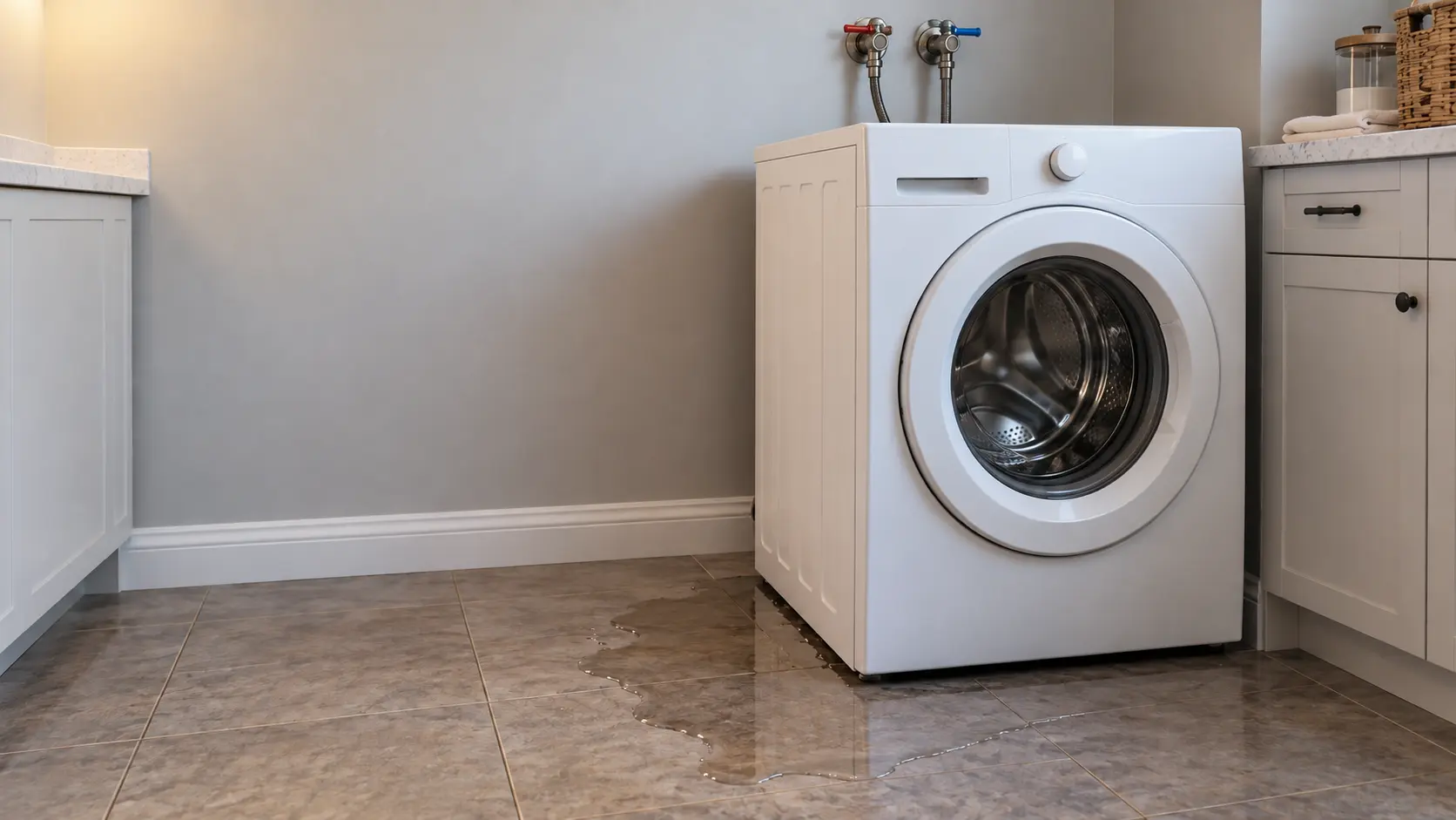 A front-load washer in a US laundry room with a shallow puddle of water spreading across the tile floor from behind it, the hot and cold supply valves on the wall above closed.