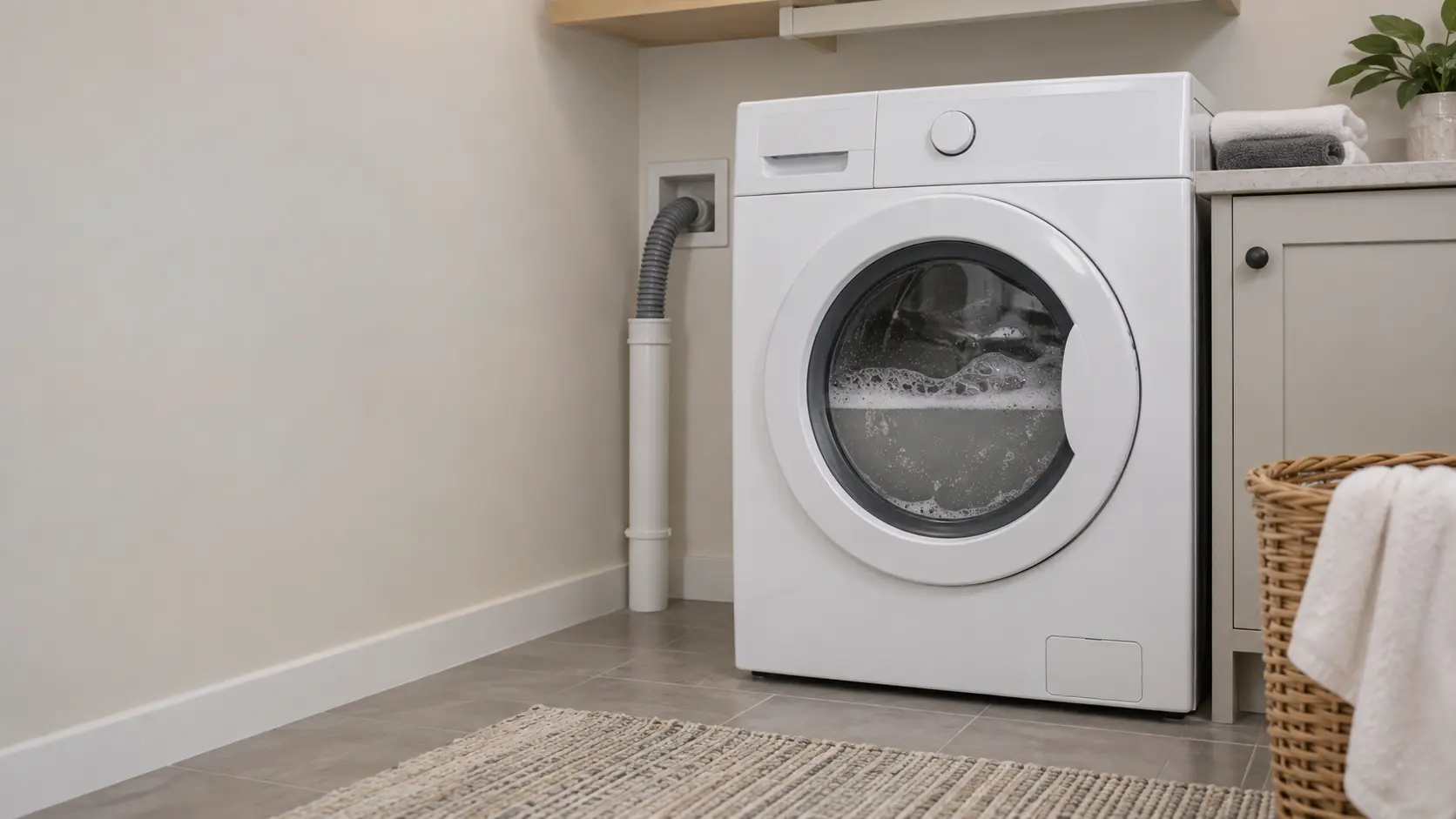 A white front-load washer in a US home laundry room with gray soapy water standing behind its closed glass door and a ribbed drain hose curving into a wall standpipe beside it.