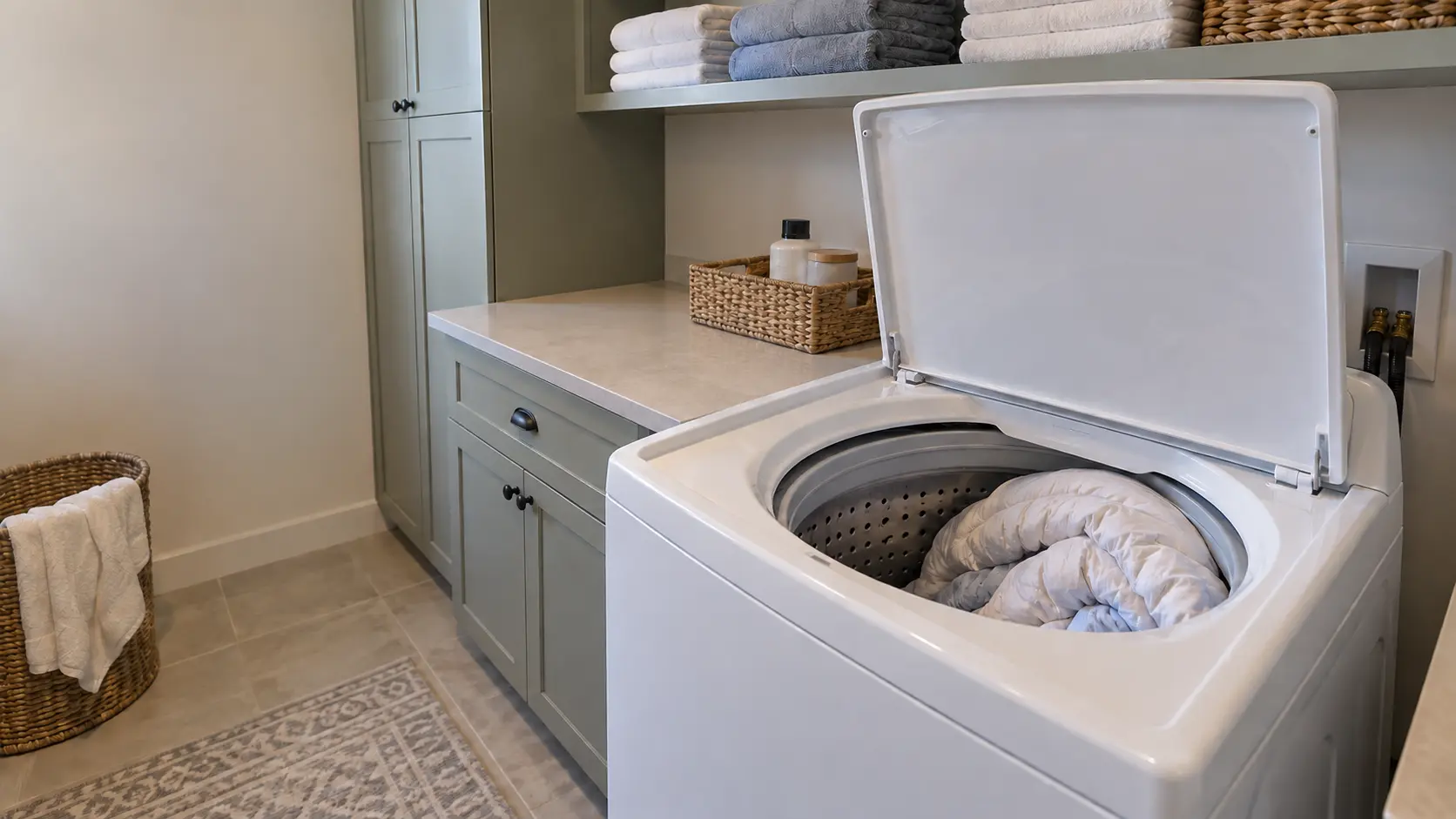 A top-load washer with its lid raised in a US laundry room, a heavy wet comforter bunched against one side of the basket and a stack of folded towels on a shelf above.