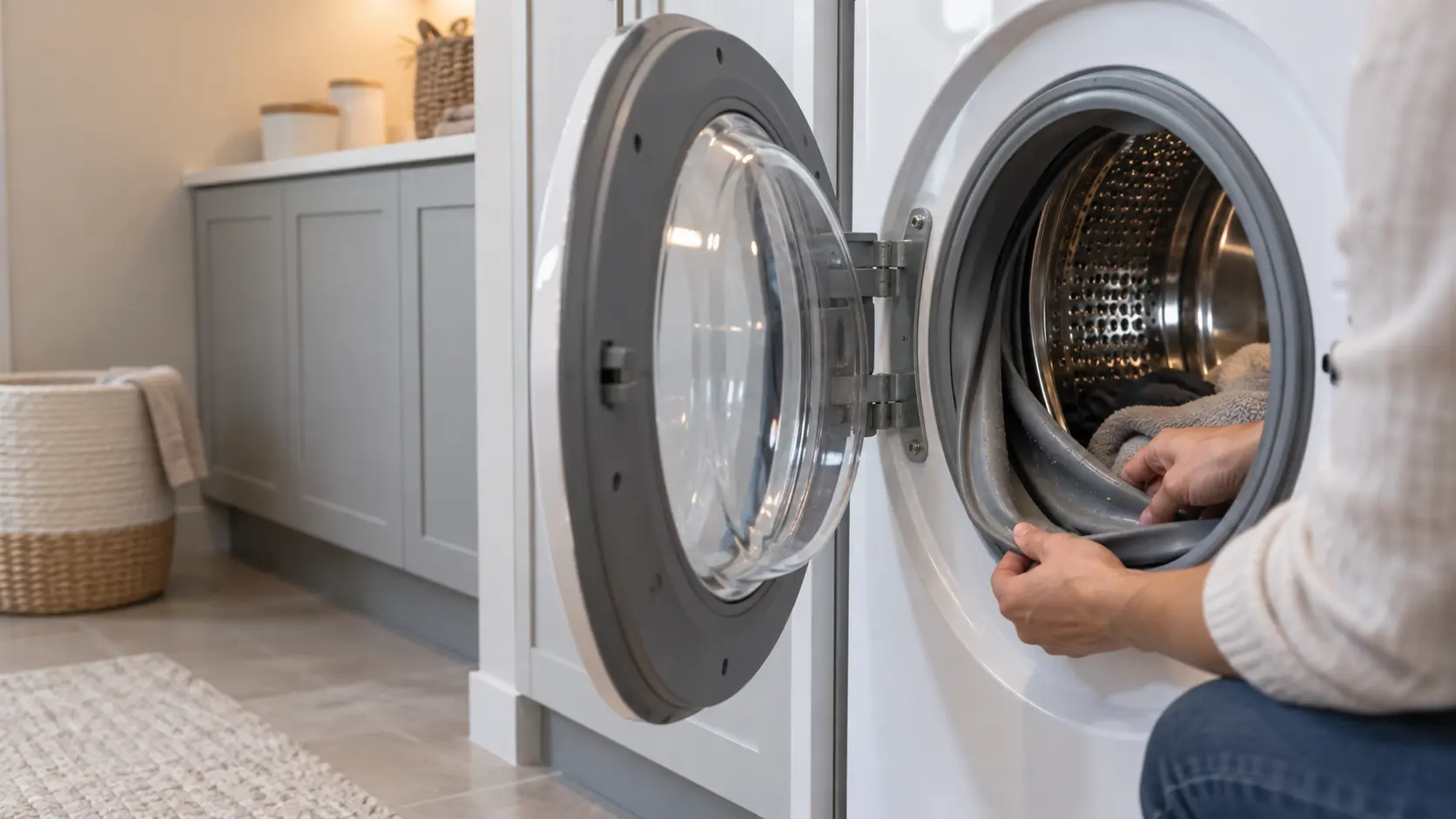 A front-load washer in a US laundry room with its round door propped wide open and the gray rubber door boot folded back to show the damp inner crease.