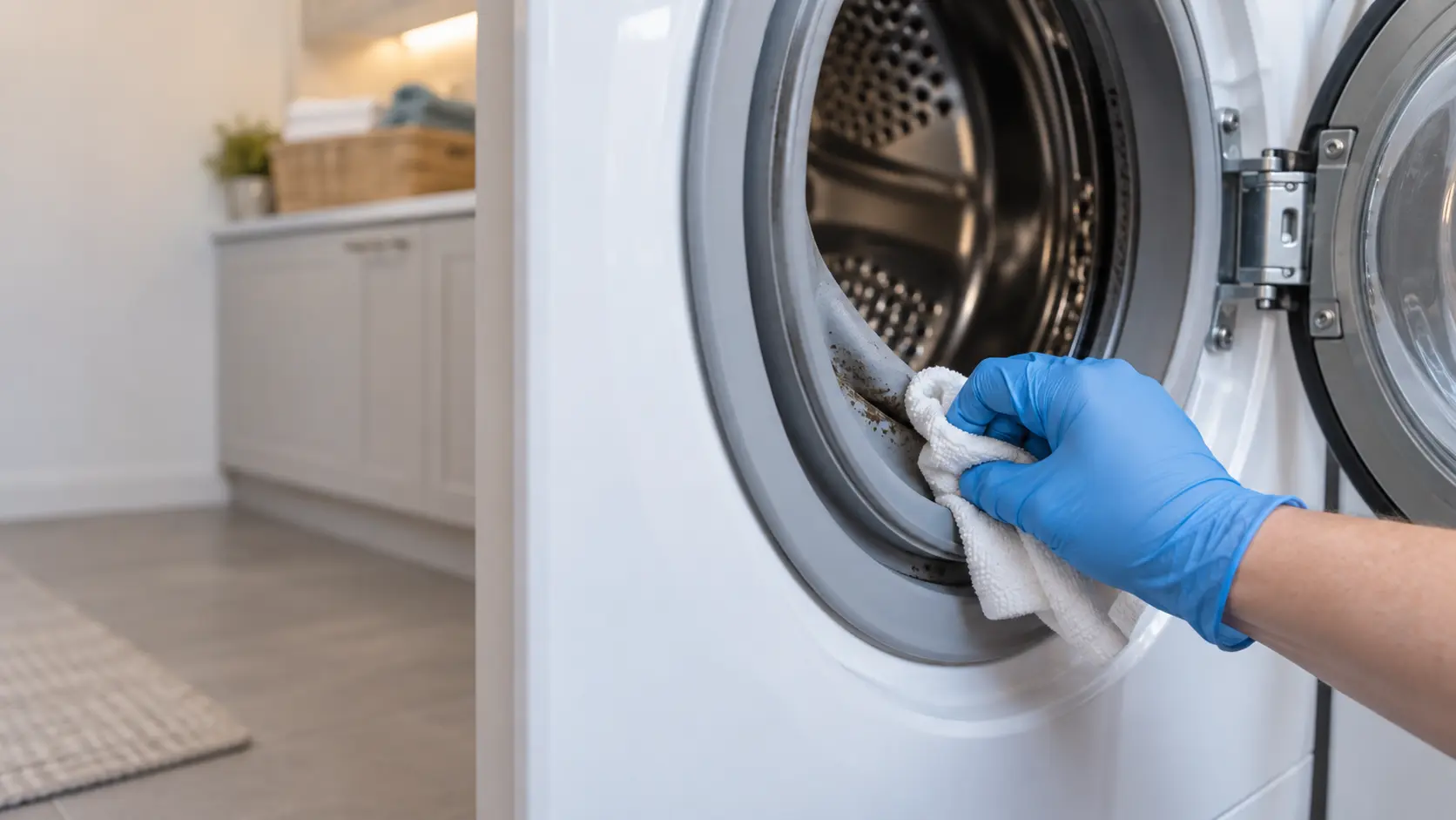 Close on a gloved hand wiping a dark mildew line from the fold of a washer's gray rubber door boot.