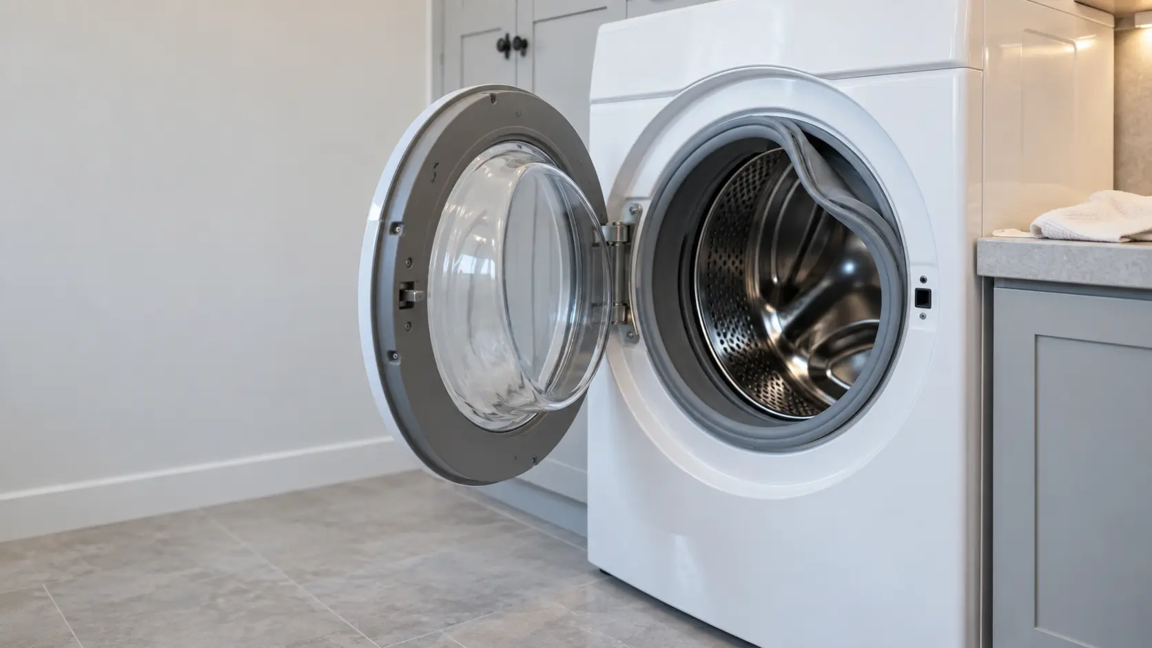 An open front-load washer with its door boot folded back to show the hidden fold, a clean cloth on the counter.