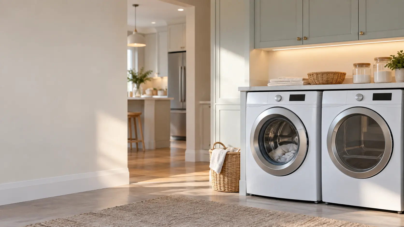 A sunlit laundry room beside a family kitchen, a front-load washer in the foreground with its matching dryer, seen from across the room.