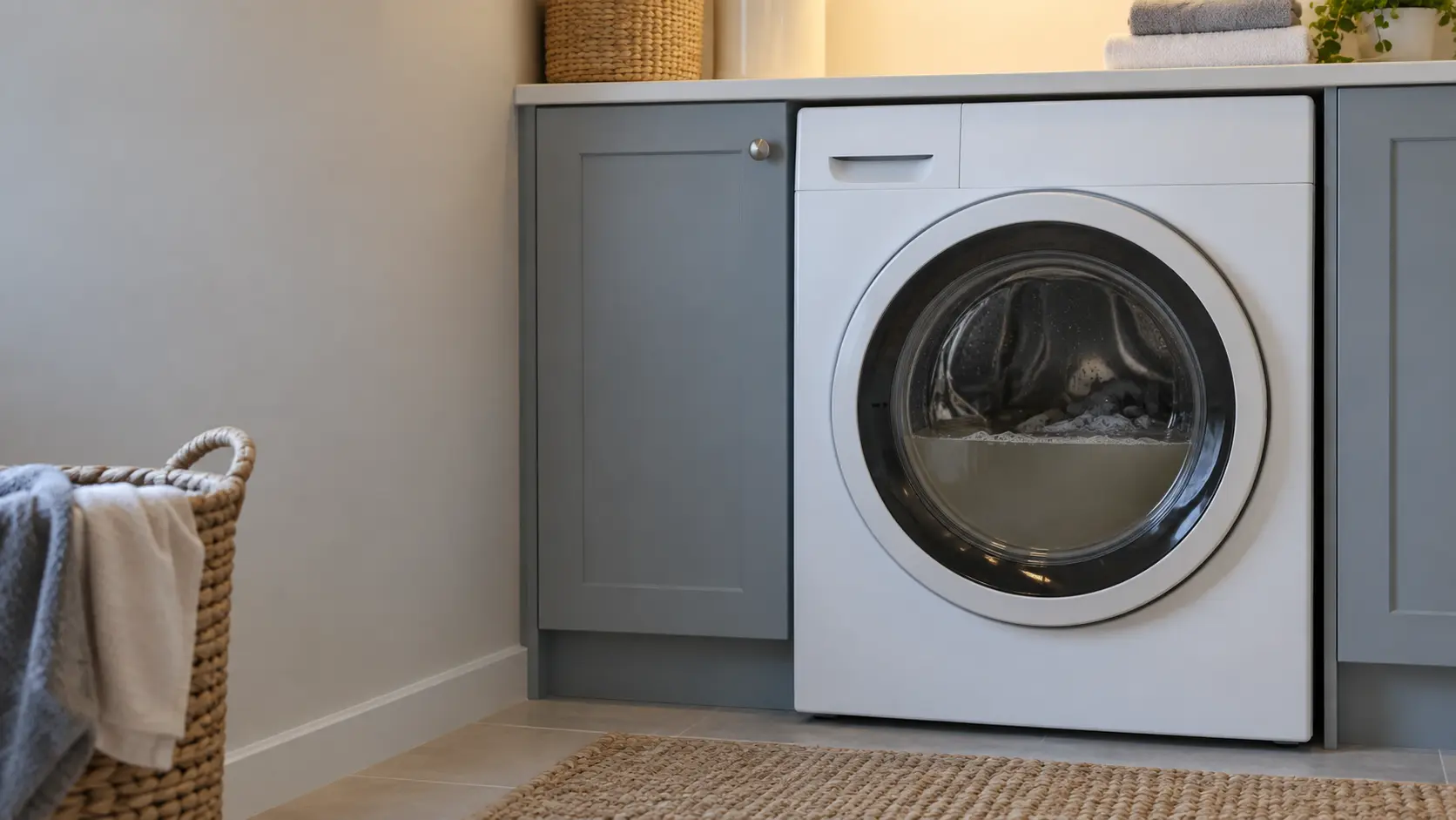 Standing grey water visible behind the glass door of a front-load washer after a cycle that did not drain.