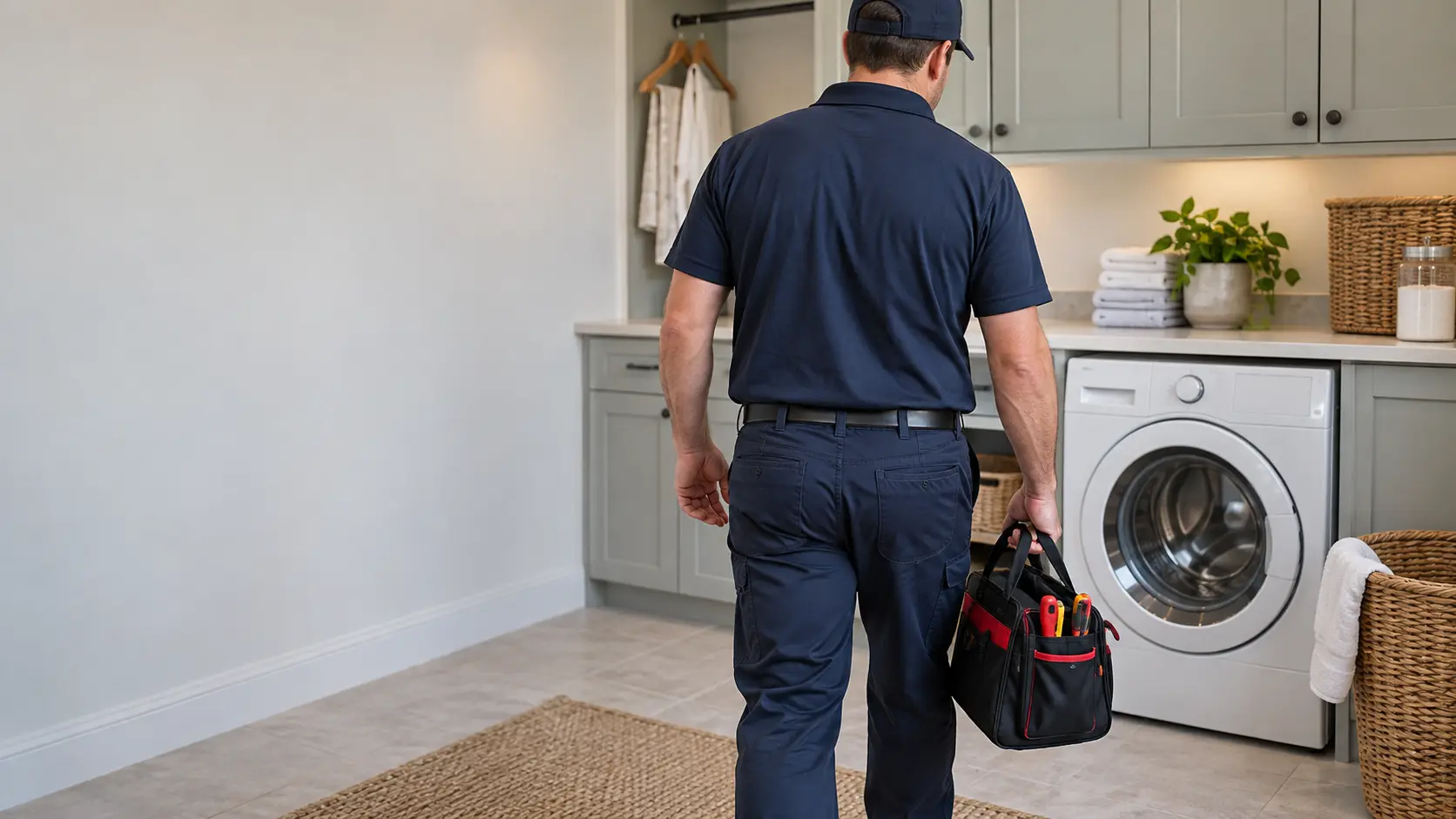 A technician arriving in a laundry room with a tool bag, a closed front-load washer ahead, seen from behind.