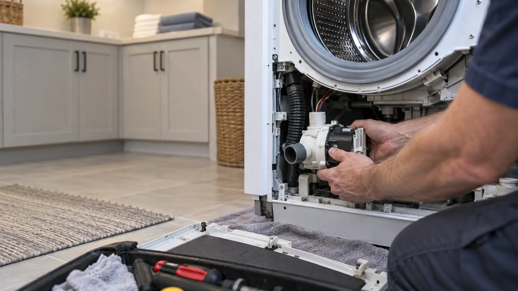 A technician's hands fitting a new drain pump into the base of an opened front-load washer.