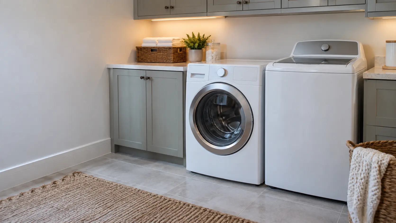 A laundry room showing a front-load washer beside a top-load washer, both closed.