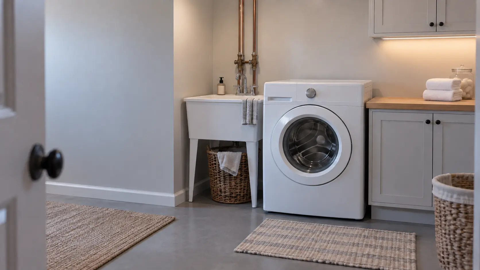 A front-load washer in a finished Chicago-area basement laundry with a painted concrete floor, a laundry tub and exposed copper supply lines, seen square on from the doorway.