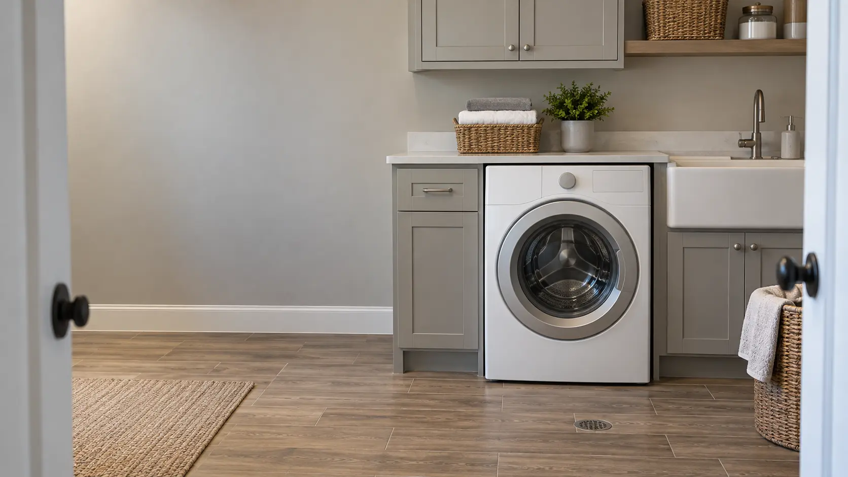A front-load washer in a large Texas suburban utility room with wood-look tile, a deep utility sink and a floor drain, seen square on from the doorway.