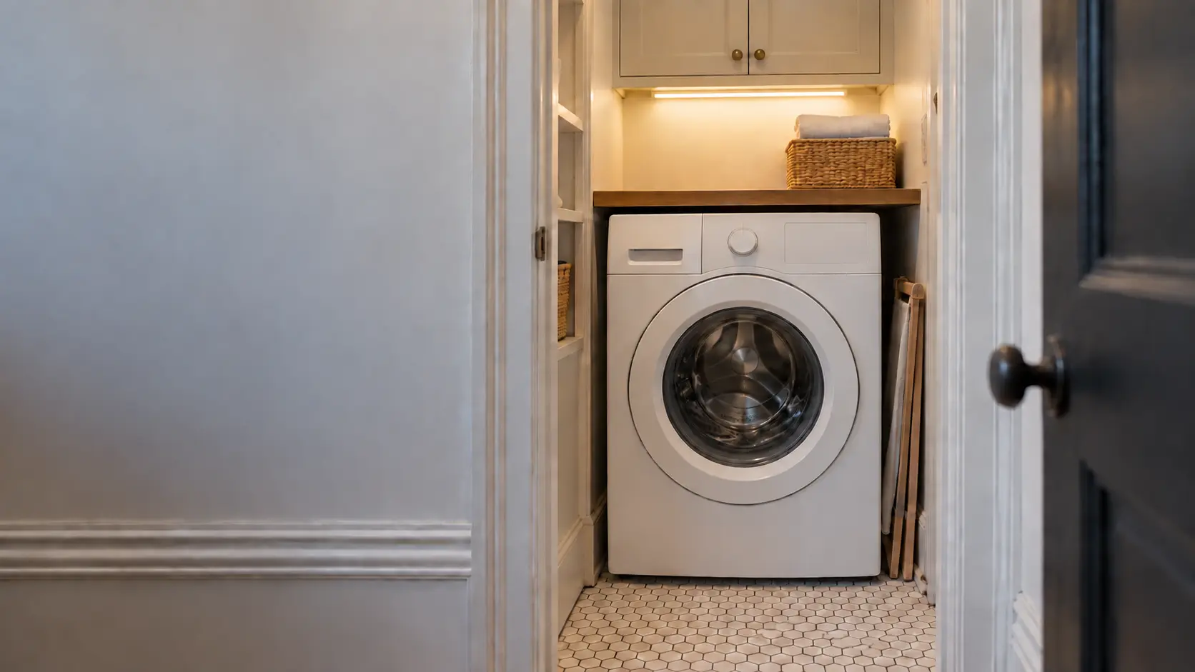 A front-load washer in a prewar New York apartment with the washer tucked into a narrow closet, hexagon tile and painted trim, seen square on from the doorway.