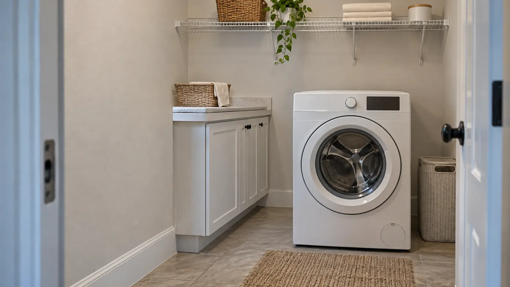 A front-load washer in a newer Central Florida house with an interior laundry room between the garage and the kitchen, tile floor and wire shelving, seen square on from the doorway.