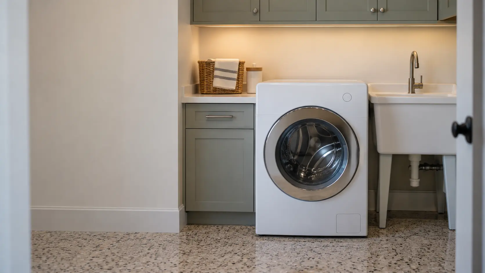 A front-load washer in a Florida ranch house laundry room off the garage entry, terrazzo floor, a utility sink beside the washer, seen square on from the doorway.